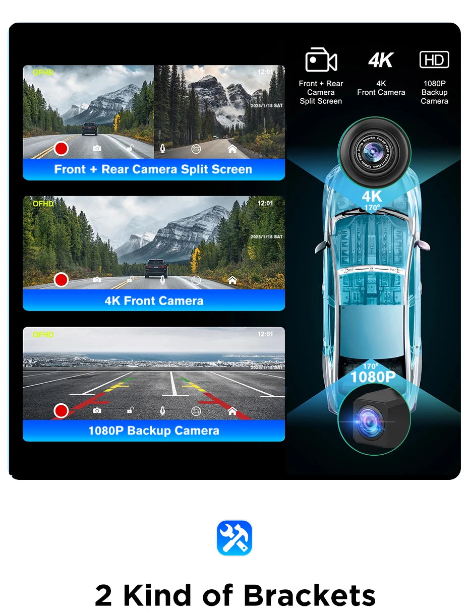 Junsun 9 inch Car DVR 4K Dash Cam Wireless Carplay for Apple Android Auto Dual Lens Video Recorder Dashboard Monitor FM BT AUX