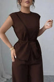 Women's Summer Tie-waist Wide-leg Pants Set Sleeveless Wrap Blazer Top Loose Straight-leg Pants Two-piece Set Comfortable Outfit