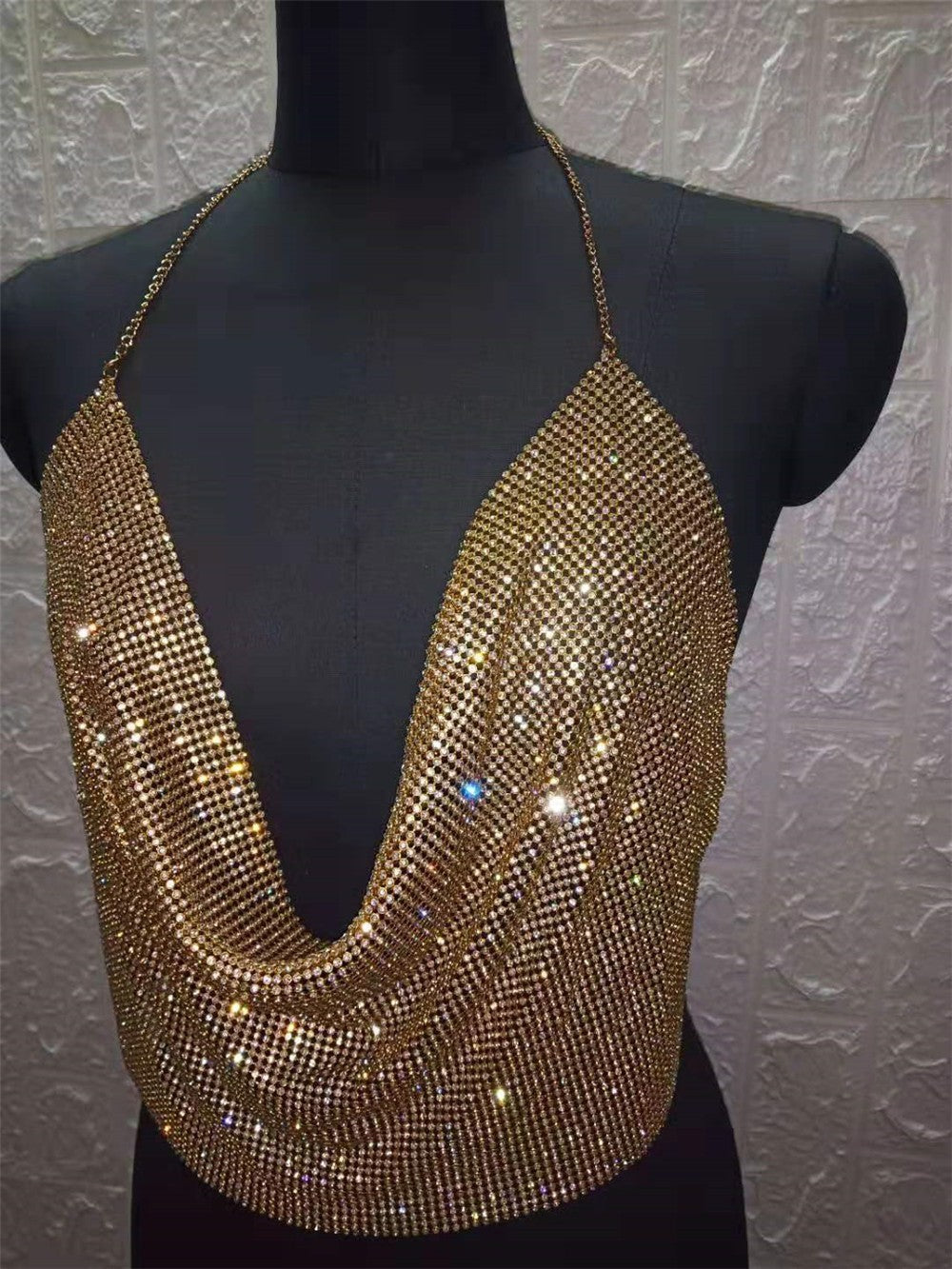 Camisola ClubWear para mujer, ropa de calle Y2k, top corto con lentejuelas metálicas, espalda descubierta, cinturón acolchado, top halter ajustable
