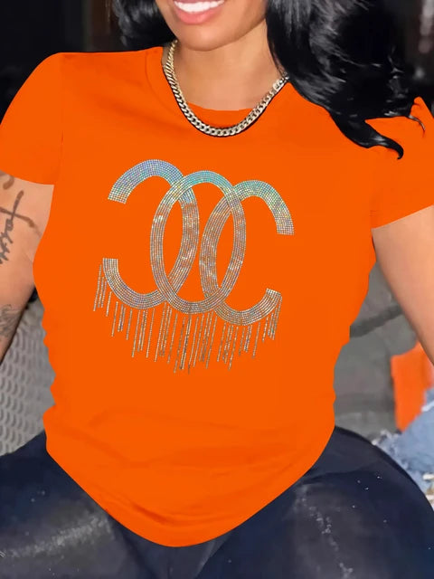 Camiseta de manga curta de lantejoulas feminina, gola O, camiseta solta elástica, plus size, tops grandes, Lady, primavera, verão, moda, 2024