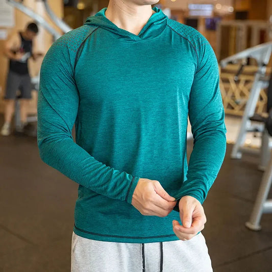 Camiseta de gimnasio de otoño para hombre, informal, de manga larga, ajustada, elástica, deportiva, transpirable, de secado rápido, con capucha
