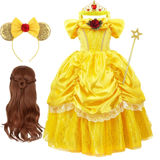 Kids Belle Cosplay Party Princess Dress Beauty Beast Princess Clothes  Halloween Event Festival Party Flowers Print Costume