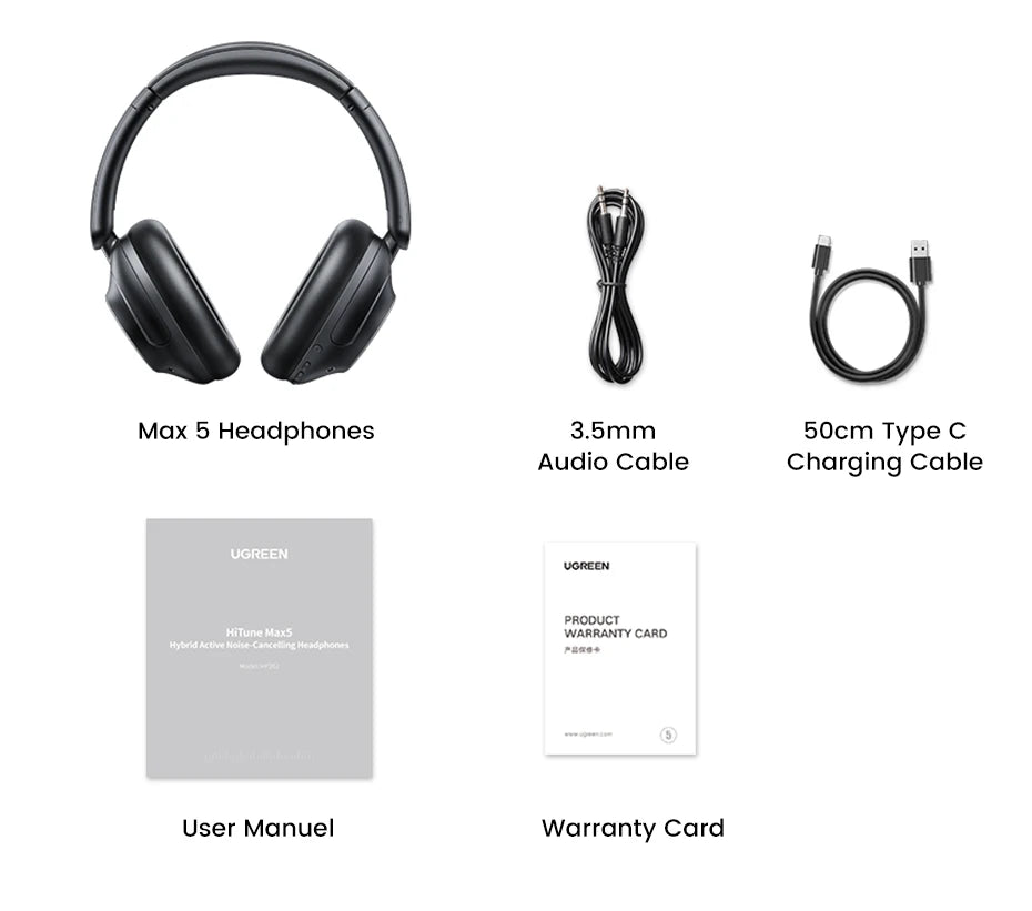 UGREEN HiTune Max5 Hybrid Active Noise Cancelling Earphone Wireless Over Ear Bluetooth Headphones 90H Playtime Hi-Res Audio LDAC