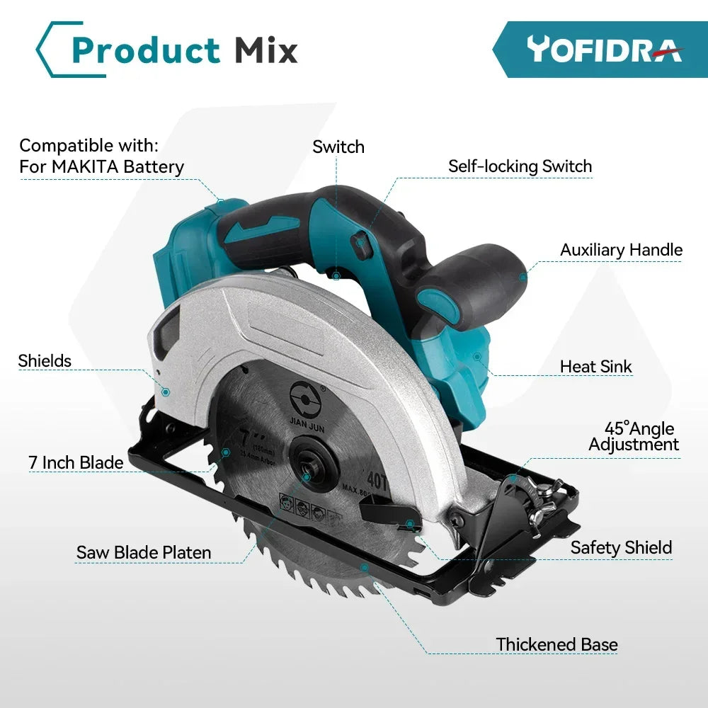 Yofidra 7-inch 180mm Brushless Electric Circular Saw 10800rpm Cordless Efficient Woodworking Cutting Tool for Makita 18V Battery
