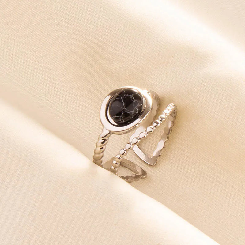 1pc Boho Turquoise Ring Stainless Steel Black Stone Silver Color Adjustable Ring Women Ethnic Ring Bohemian Jewelry Gift No Fade