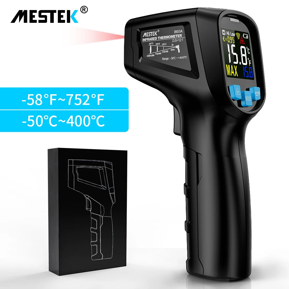 Termómetro infrarrojo digital Mestek de -50 a 800 grados, medidor de temperatura láser, pirómetro sin contacto, higrómetro, termómetro infrarrojo.