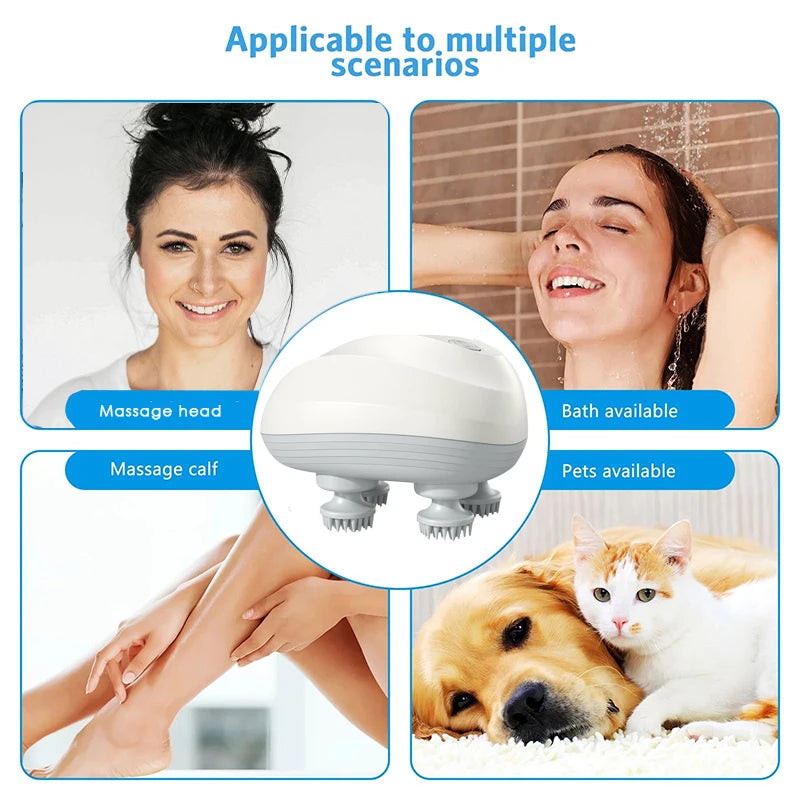 Masajeador de cuero cabelludo profundo, masajeador de limpieza de cabeza, también adecuado para mascotas, herramienta de masaje eléctrico, lavable y portátil.