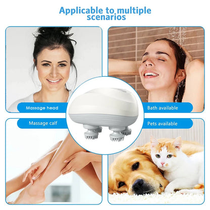 Masajeador de cuero cabelludo profundo, masajeador de limpieza de cabeza, también adecuado para mascotas, herramienta de masaje eléctrico, lavable y portátil.