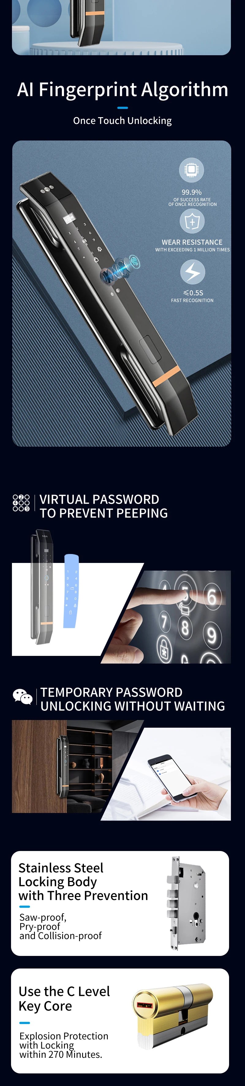 3D Face Smart Door Lock Biometric Recognition Fingerprint Password IC Card APP Wifi Lock Unlock for Home House Apartment