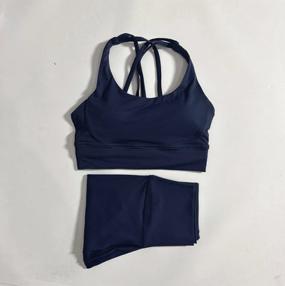 Conjunto de fitness para gimnasio de color sólido, sujetador deportivo cruzado suave y ajustado, 2 piezas de compresión, leggings de yoga de cintura alta, traje de entrenamiento integral para correr