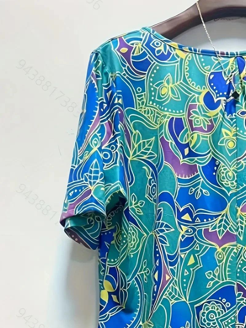 Vestido peplum de talla grande: elegante vestido casual de manga corta con cuello en V, ligeramente elástico y estampado aleatorio: perfecto para primavera 
