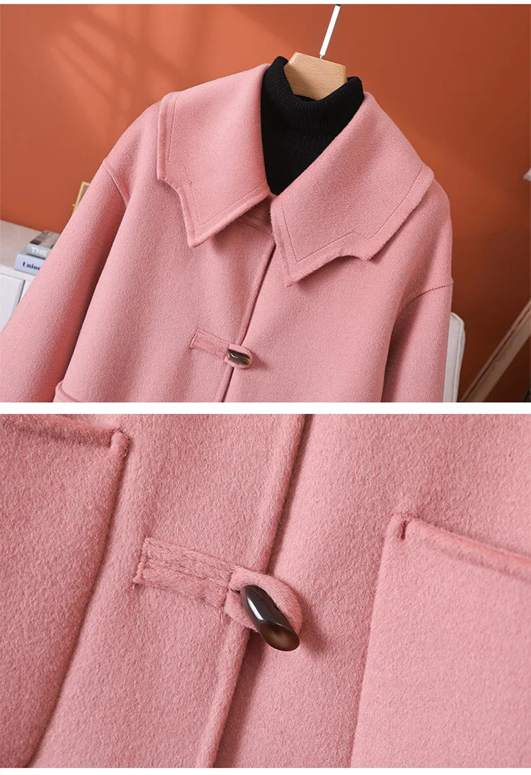 2025 Fashion Large Lapel Horn Button Women's Coat Autumn and Winter New Double-Sided Woolen 100%Pure Wool Warm Coat Large Pocket