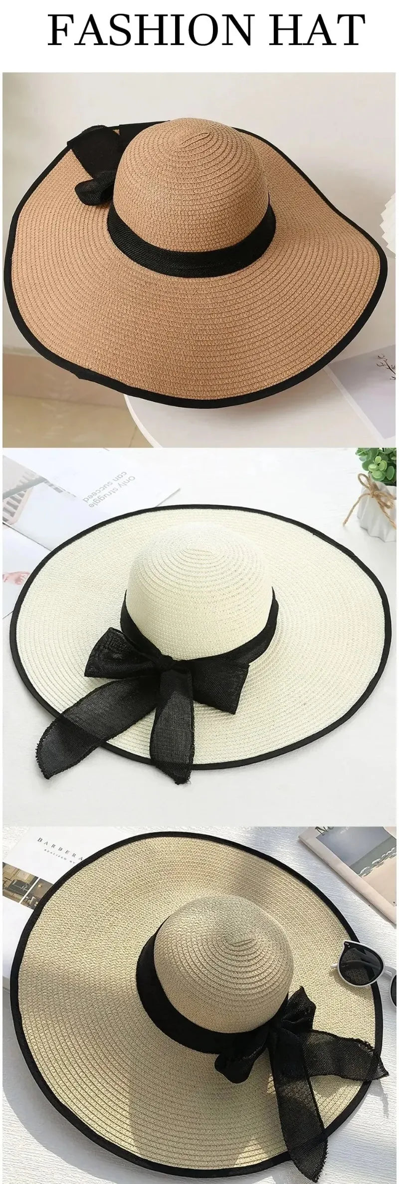 1Pc Women's Seaside Bow Beach Hat Oversize Straw Hat Women's Summer Sun Block Big Brim Hat Suitable For Sun Protection