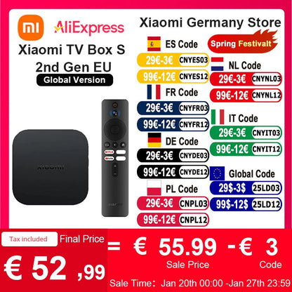 Global Version Xiaomi Mi TV Box S 2nd Gen 4K Ultra HD BT5.2 2GB 8GB Google TV Google Assistant Smart TV Box