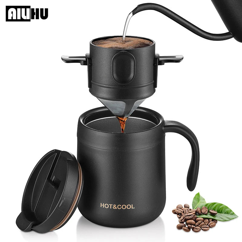 Filtro de café portátil de acero inoxidable 304, soporte para café y té, taza reutilizable, juego de taza de té con gotero, cafetera, utensilios de café