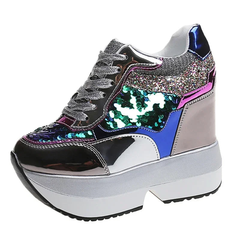 Fashion White Sneakers Women's High Platform Casual Shoes Height Increasing Leather Shoes 10 CM Thick Sole Trainers Tennis Sports