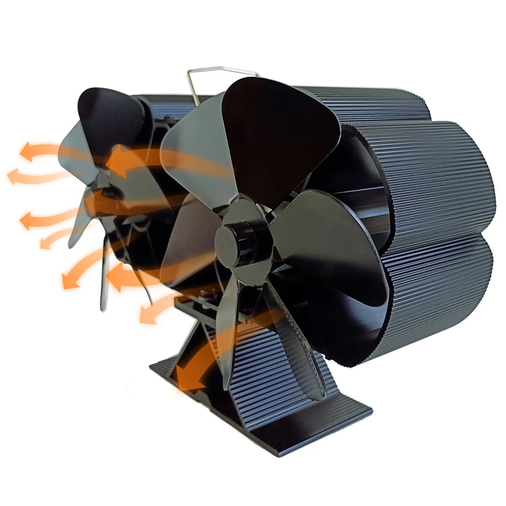 Ventilador de estufa de leña con motor silencioso doble alimentado por calor, 6 aspas, ventilador de chimenea no eléctrico activado por calor con soporte y calentador magnético