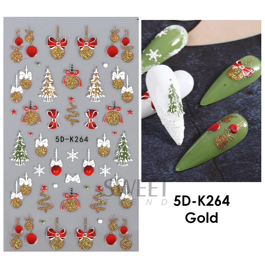 5D Red Christmas Nail Stickers Glitter Embossed Snowflake Gloves Feather Bulb Bells Winter Xmas DIY Engraved Manicure Decoration