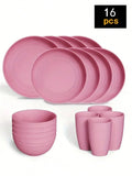 4/16/24pcs Reusable plastic tableware set, including plates, bowls and cups. Suitable for family picnics and school supplies