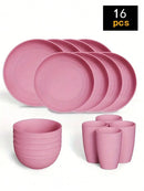 4/16/24pcs Reusable plastic tableware set, including plates, bowls and cups. Suitable for family picnics and school supplies