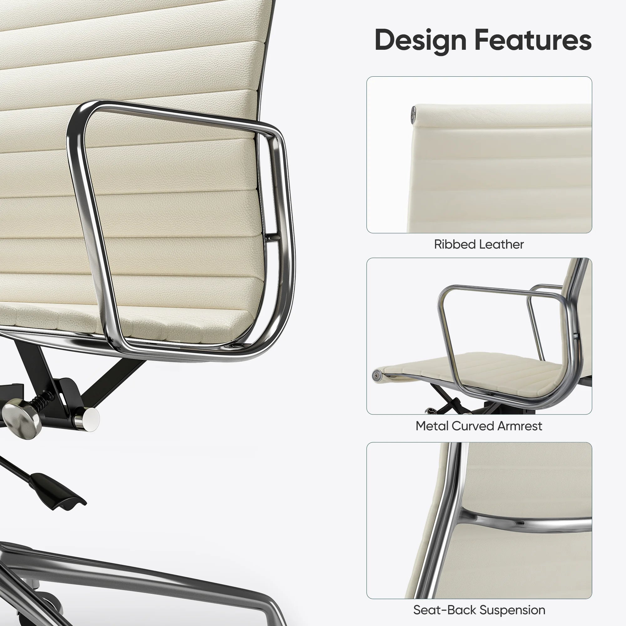 Silla de oficina acanalada con respaldo medio, silla de escritorio de cuero genuino blanco, silla de escritorio ergonómica ajustable para ordenador para oficina de estudio