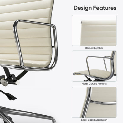 Mid Back Ribbed Office Chair White Genuine Leather Desk Chair Adjustable Ergonomic Computer Desk Chair for Study Office