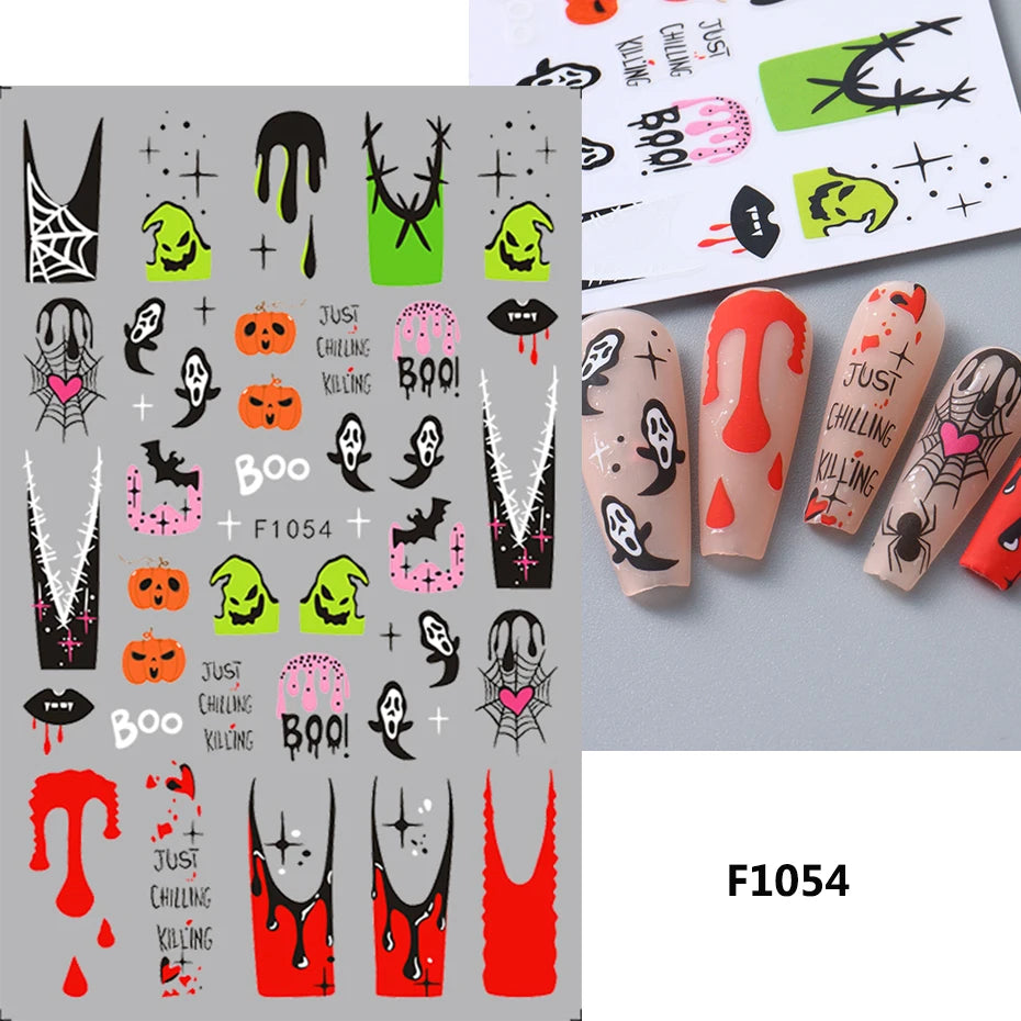 Cinturón negro 5D pegatinas en relieve gótico Halloween estilete calabaza calavera telaraña cremallera manicura uñas gel autoadhesivo decoración