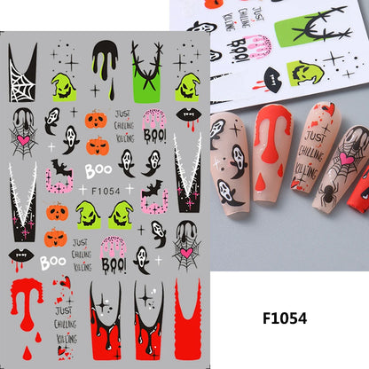 Cinturón negro 5D pegatinas en relieve gótico Halloween estilete calabaza calavera telaraña cremallera manicura uñas gel autoadhesivo decoración