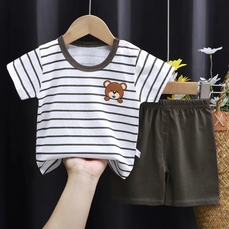 New Boys Summer Clothing Set Full Bear Print Cotton Short Sleeve T-shirts and Shorts 2PCS Breathable Outfit For Girls