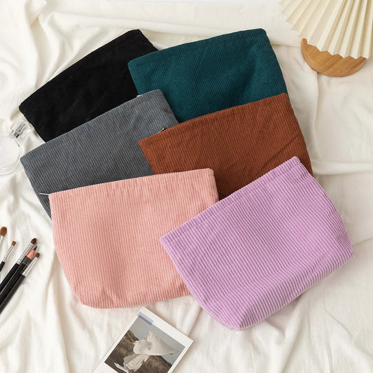 Corduroy Cosmetic Bag Women Korean Solid Color Makeup Organizer Travel Toiletry Pouch Beauty Case