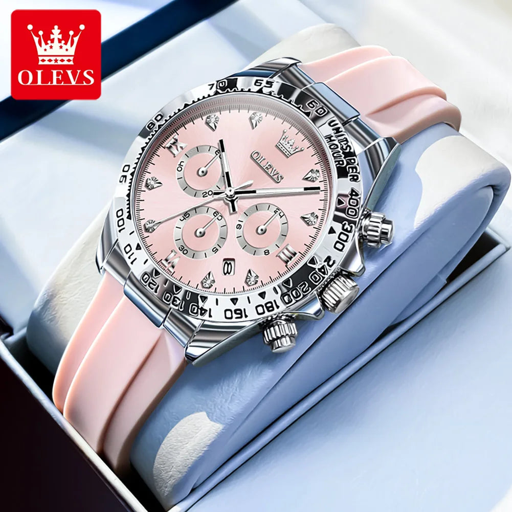 Relógio feminino de Olevs de luxo pulseira de silicone cronógrafo multifuncional calendário a prova de agua 5618