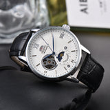 Orient Sun & Moon Semi Skeleton Automatic Watch Men's White Dial Black Leather Strap Sapphire Crystal 50M Water-Resistant Dress Watch