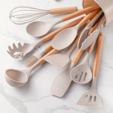 Juego de utensilios de cocina con mango de madera de silicona multicolor, espátula y cuchara antiadherente, utensilios de cocina, resistentes al calor, 12 Uds.