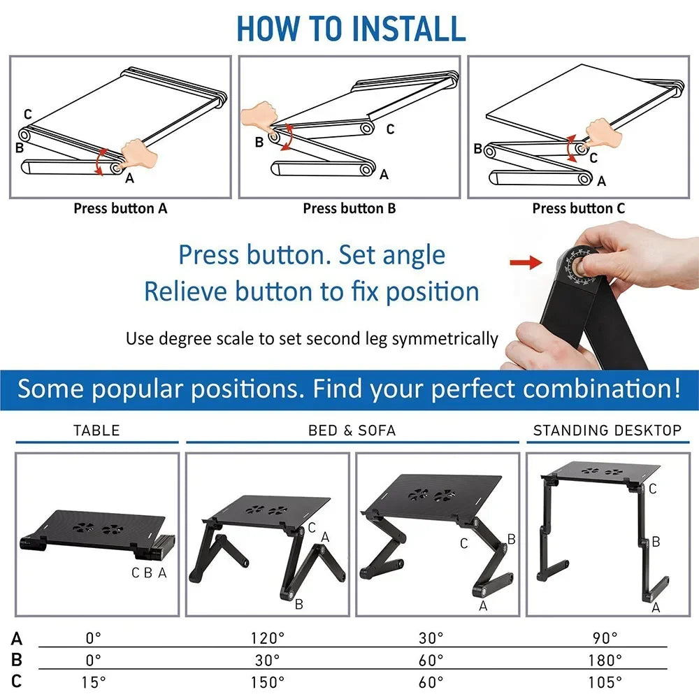 Adjustable Laptop Desk Stand Cooler fan Portable Ergonomic Lapdesk For Bed Sofa PC Notebook Table Desk With Mouse Pad Aluminum