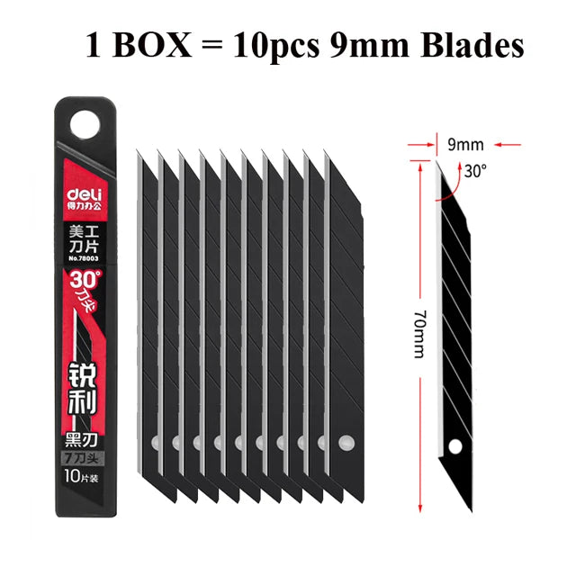 Deli 10pcs/box Knife Blade 9mm 18mm SK5 Metal Blades for Home School Supplies Art Craft Paper Box Cutting Utility Knife Tool