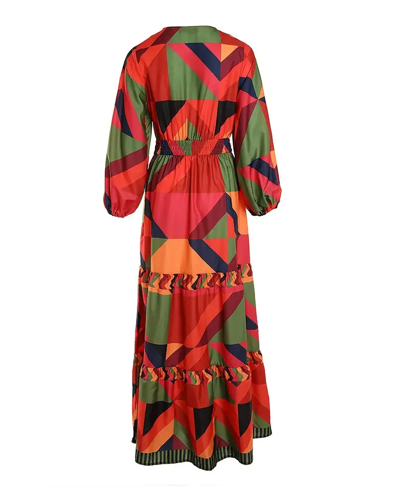 Vestido de estilo urbano para mujer, novedad de verano 2024, informal, con escote en V, estampado geométrico, mangas farol, falda larga con botones