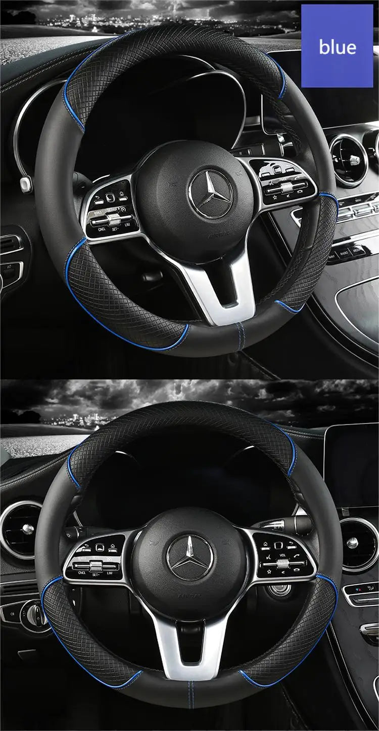 All Seasons Leather Diamond Steering Wheel Cover Universal Fit for 14 .5-15 Inch Durable Leather Cover Anti-Slip Veins Design