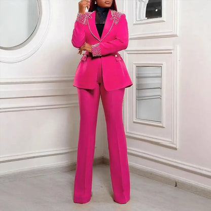 CM.YAYA Conjunto de dos piezas de chaqueta de manga larga y pantalón ancho para mujer, con empalme de perlas, para invierno y otoño de 2024