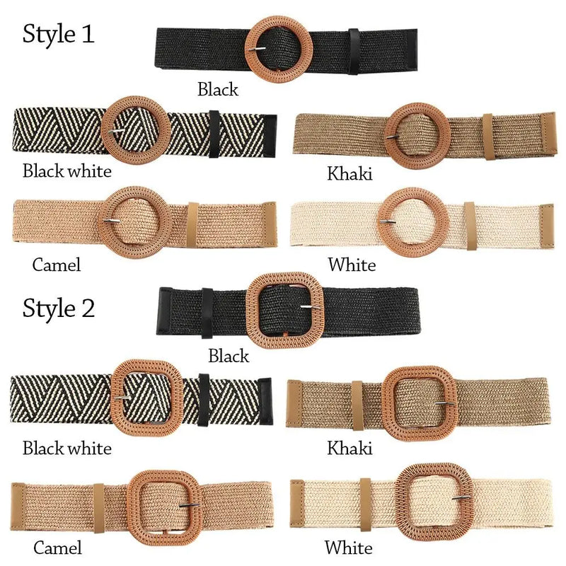 Summer Fashion Women Straw Belt Casual Bohemian Wide Summer Braided Waistbelt  Buckle Elastic Female Straw Waist Belt