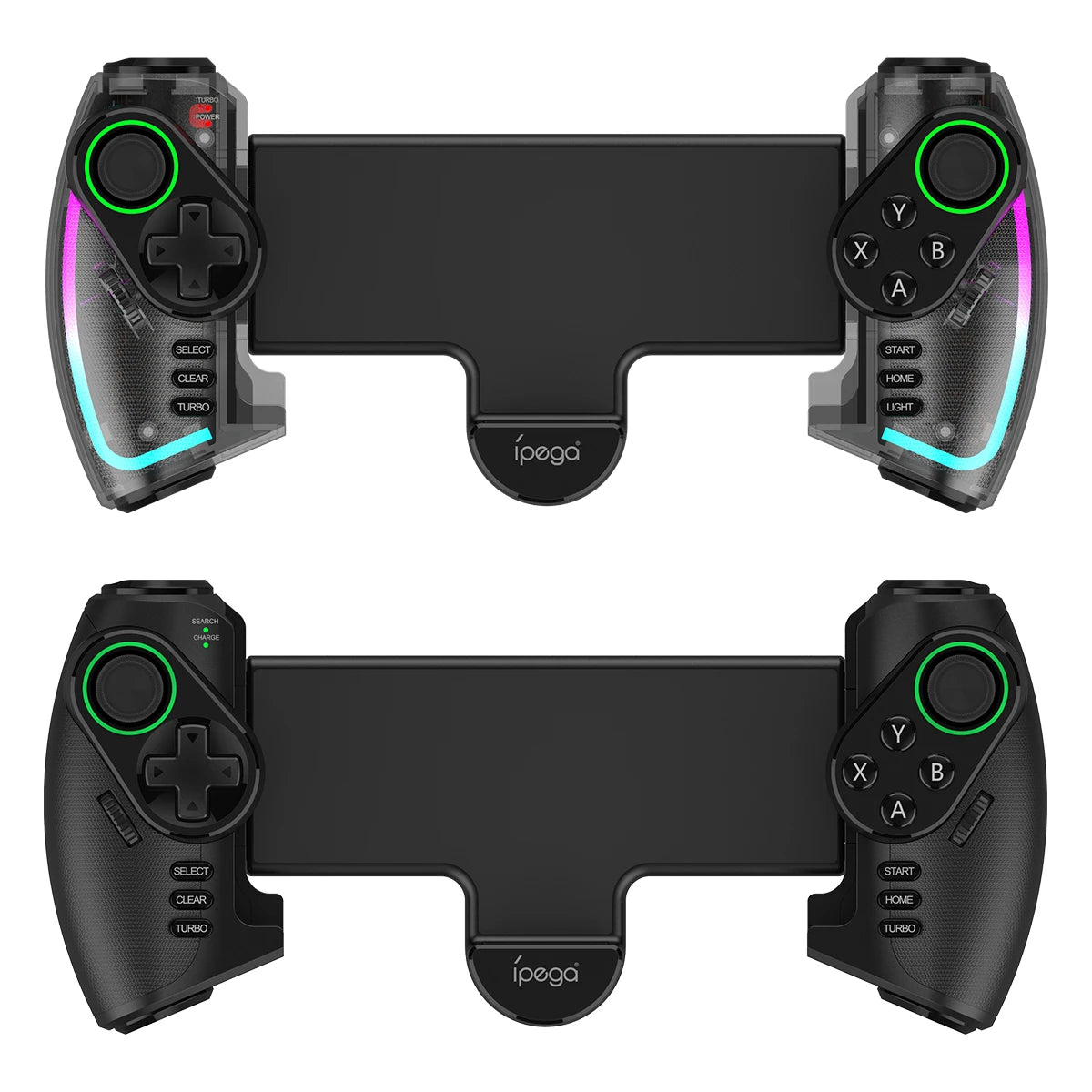 Mando Bluetooth Ipega PG-9777S para Nintendo Switch, Android, iOS, iPad y PC con luz RGB, vibración lineal y control extensible.