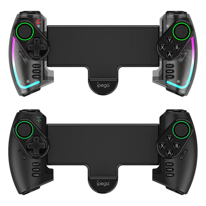 Mando Bluetooth Ipega PG-9777S para Nintendo Switch, Android, iOS, iPad y PC con luz RGB, vibración lineal y control extensible.