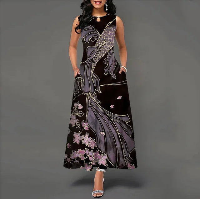 Women's V-neck Sleeveless Long Dress Retro Bohemian Dresses Floral Print Swing Casual New 