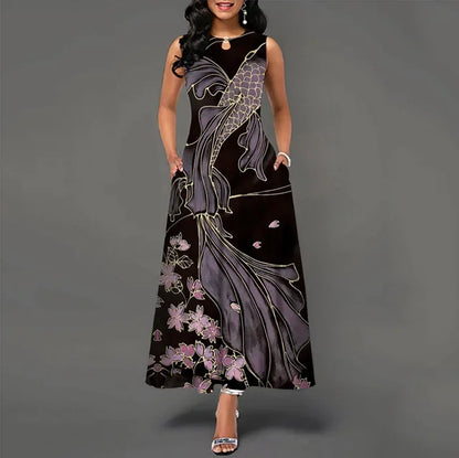Vestido longo sem mangas com decote em v feminino, vestidos retrô boêmios, estampa floral, swing, casual, novo