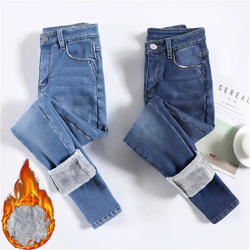 Women's Thermal Jeans Winter Snow Warm Plush Stretch Jeans Lady Skinny Thick Fleece Denim Long Pants Retro Blue Pencil Trousers