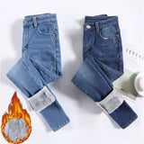 Women's Thermal Jeans Winter Snow Warm Plush Stretch Jeans Lady Skinny Thick Fleece Denim Long Pants Retro Blue Pencil Trousers