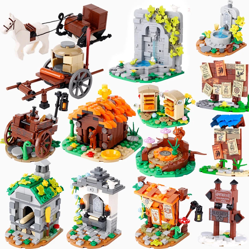 MOC Notice Board Building Blocks Bee Farm Fountain Bonfire Stove Medieval Town Street View Water Wall Bridge Road Sign Brick Toy