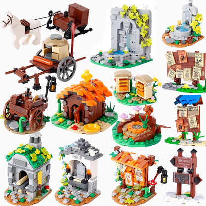 MOC Notice Board Building Blocks Bee Farm Fountain Bonfire Stove Medieval Town Street View Water Wall Bridge Road Sign Brick Toy
