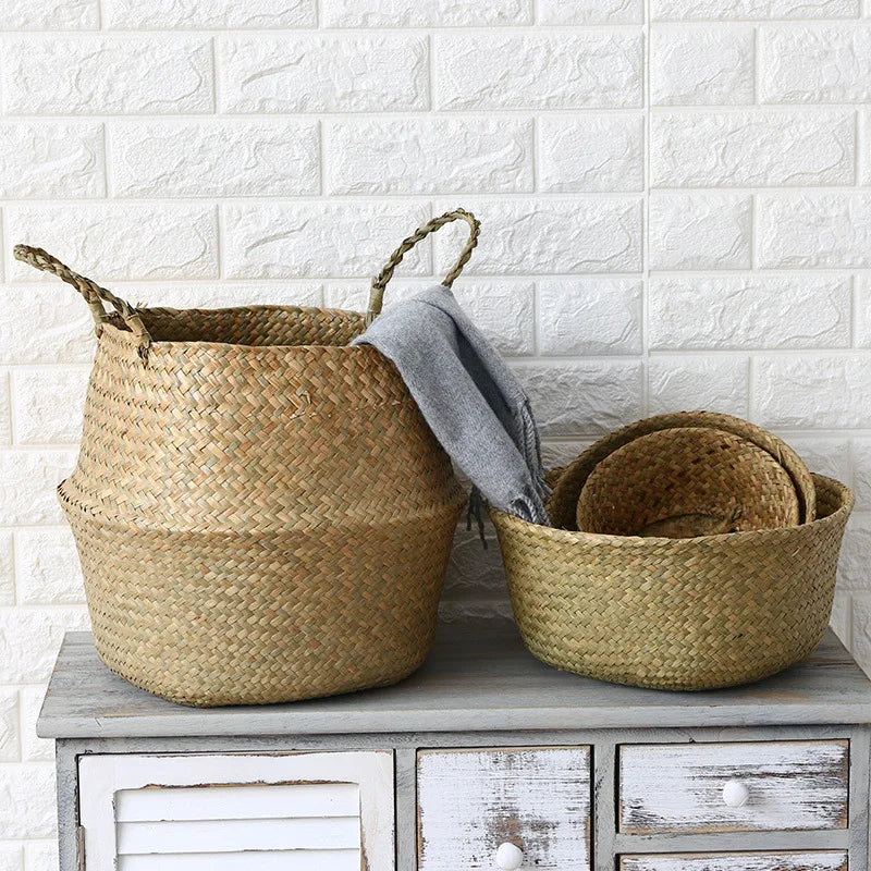 Storage Baskets Straw Wicker Rattan Hanging Flowerpot Seagrass Folding Laundry Clthoes Baskets Garden Plant Basket Home Decor
