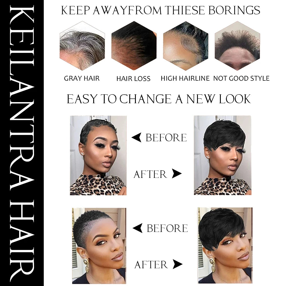 Short Pixie Cut Human Hair Wig for Black Women, Machine-Made Wigs with Bangs, Short Human Hair Wigs