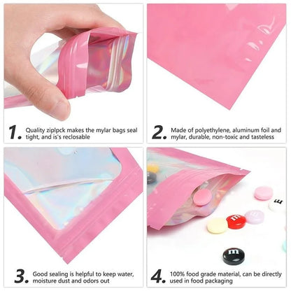 Bolsa de Embalagem Holográfica com Janela Clara para Alimentos, Translúcido, Cheiro à Prova, Mylar, Resealable, Odor Prova, 50Pcs